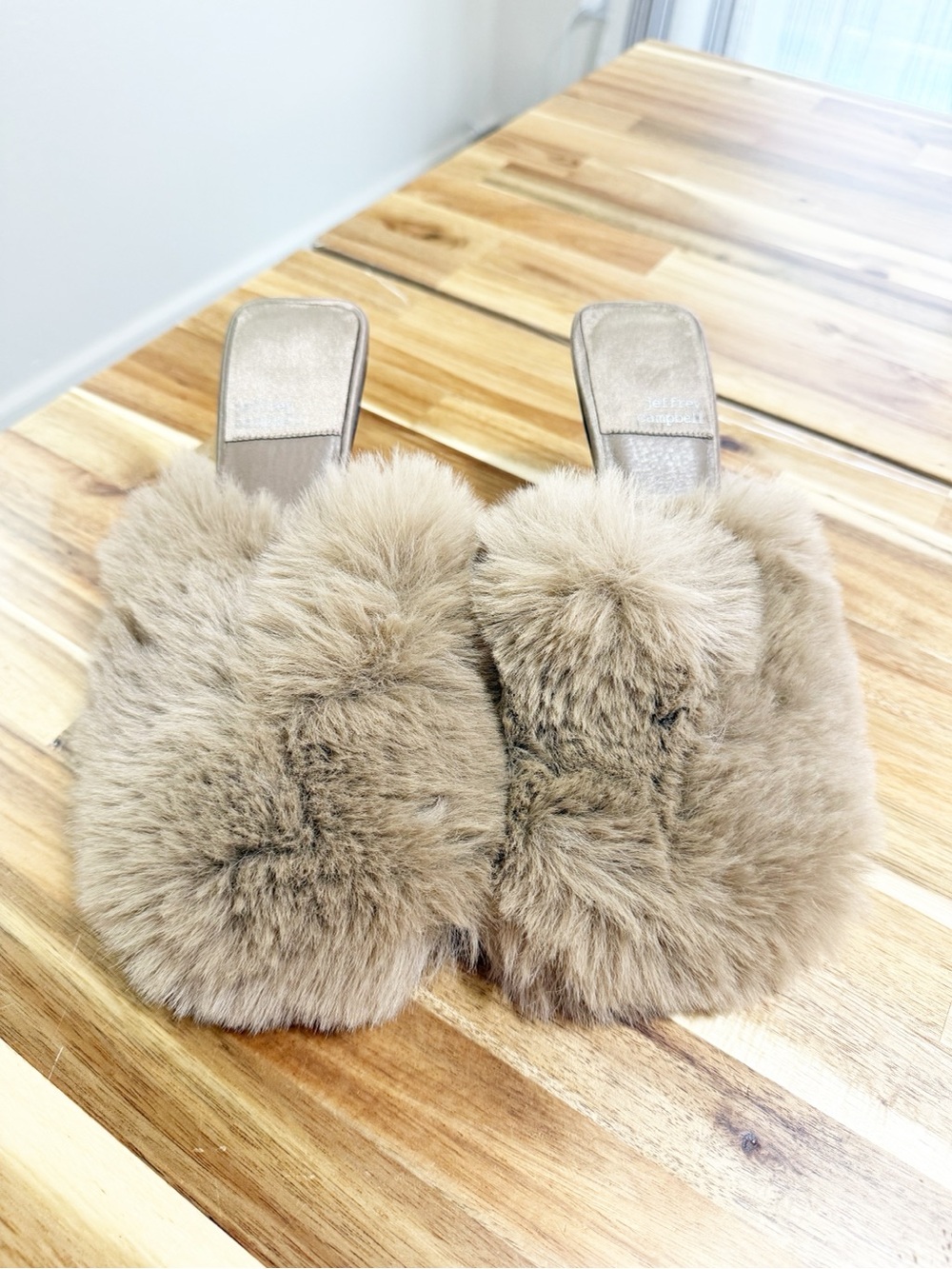 Jeffrey Campbell Binx-F Fur Fuzzy Slip on Mule Heels in Beige Tan Combo Size 8 - Picture 6 of 11